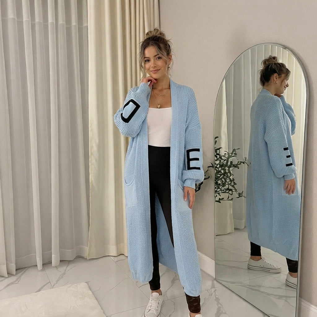 LUXE DIVA Women's Love Print Balloon Sleeve Long Knitted Cardigan Jumper