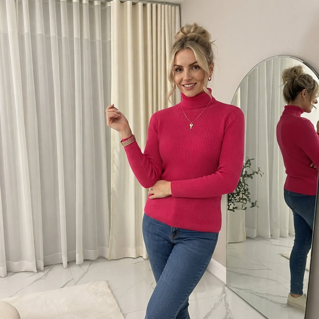 LUXE DIVA Ladies Fine Knit Polo Neck Jumper Super Stretch Ribbed Sweater