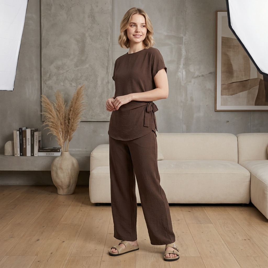 LUXE DIVA Women’s Textured Co Ord Set – Knot Front Top & Wide Leg Trousers