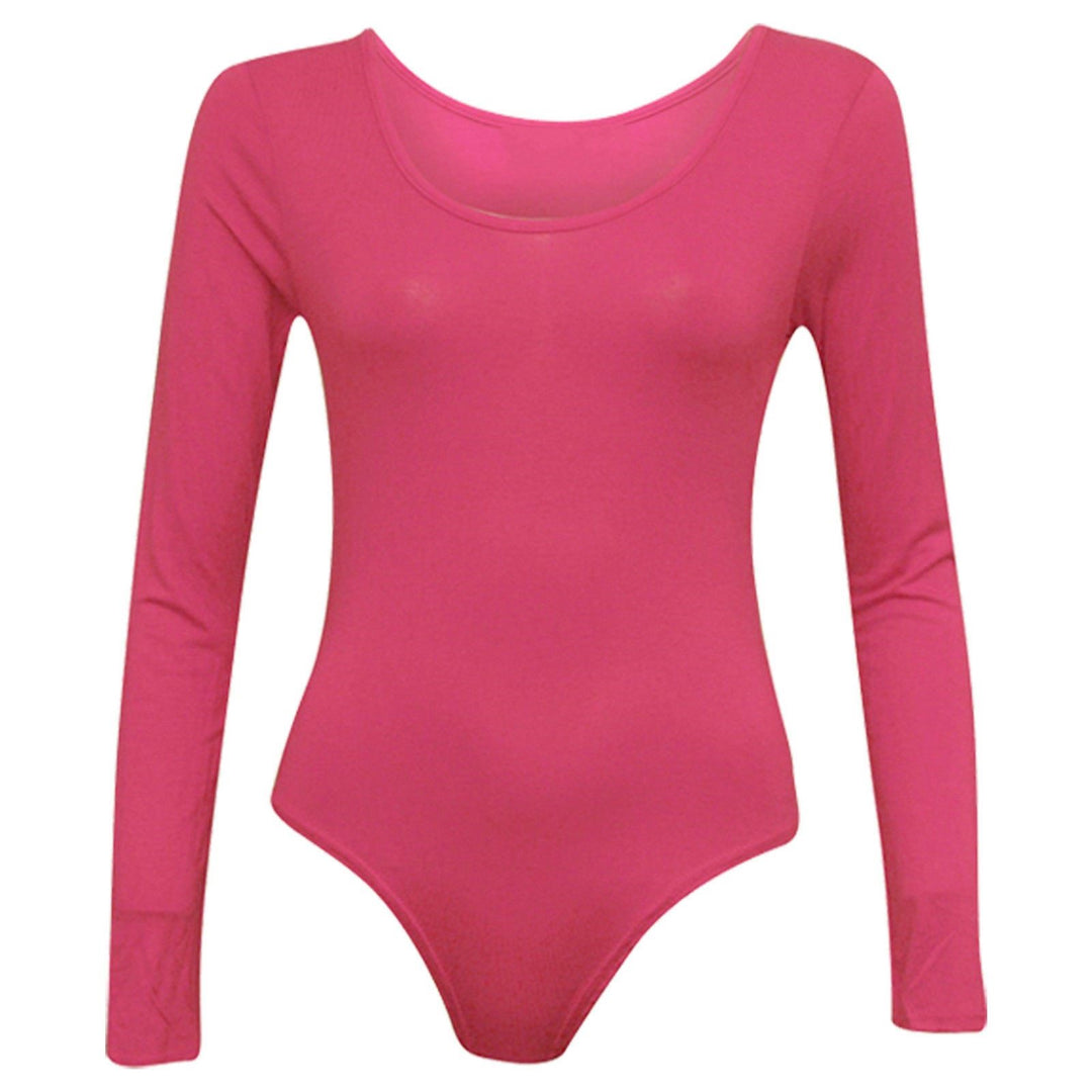 Ladies New Plain Round Neck Long Sleeve Slim Fit Basic Stretchy Leotard Bodysuit Top