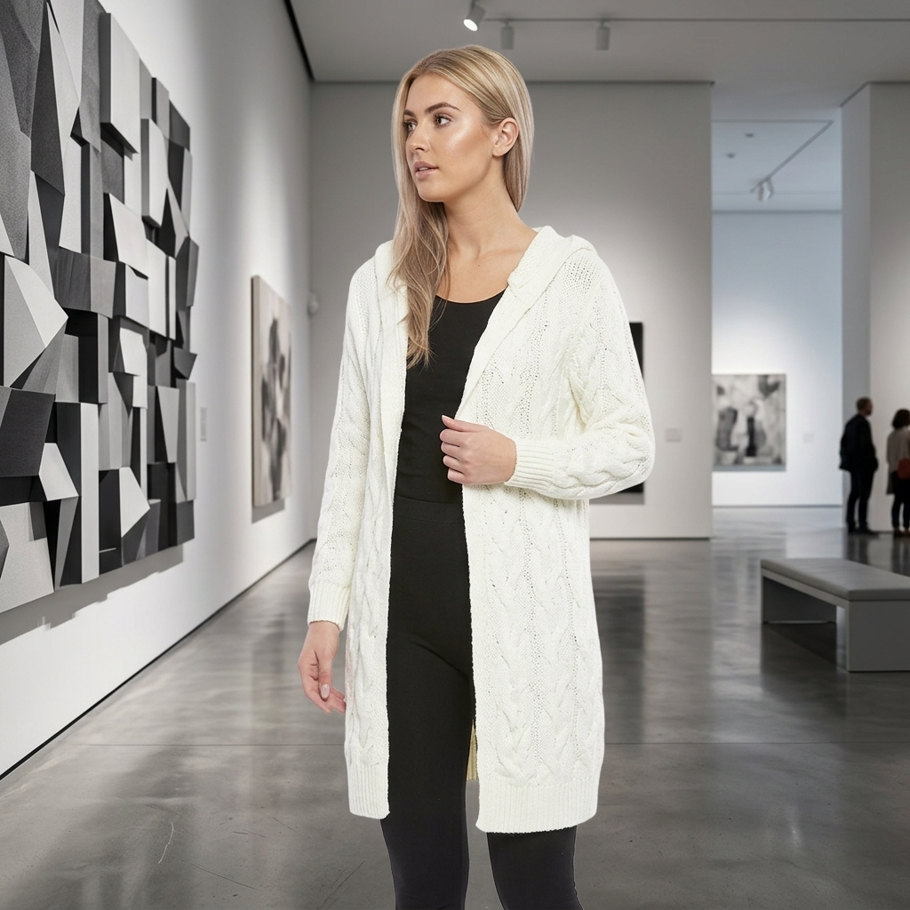 Luxe Diva Womens Oversized Hooded Cardigan Chunky Cable Knit Longline Open Front Winter Casual Style