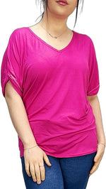 Load image into Gallery viewer, Women&#39;s New Plus Size Womens Short Turn Up Sleeve Baggy Plain Top Ladies V-Neck T-Shirt 16-26
