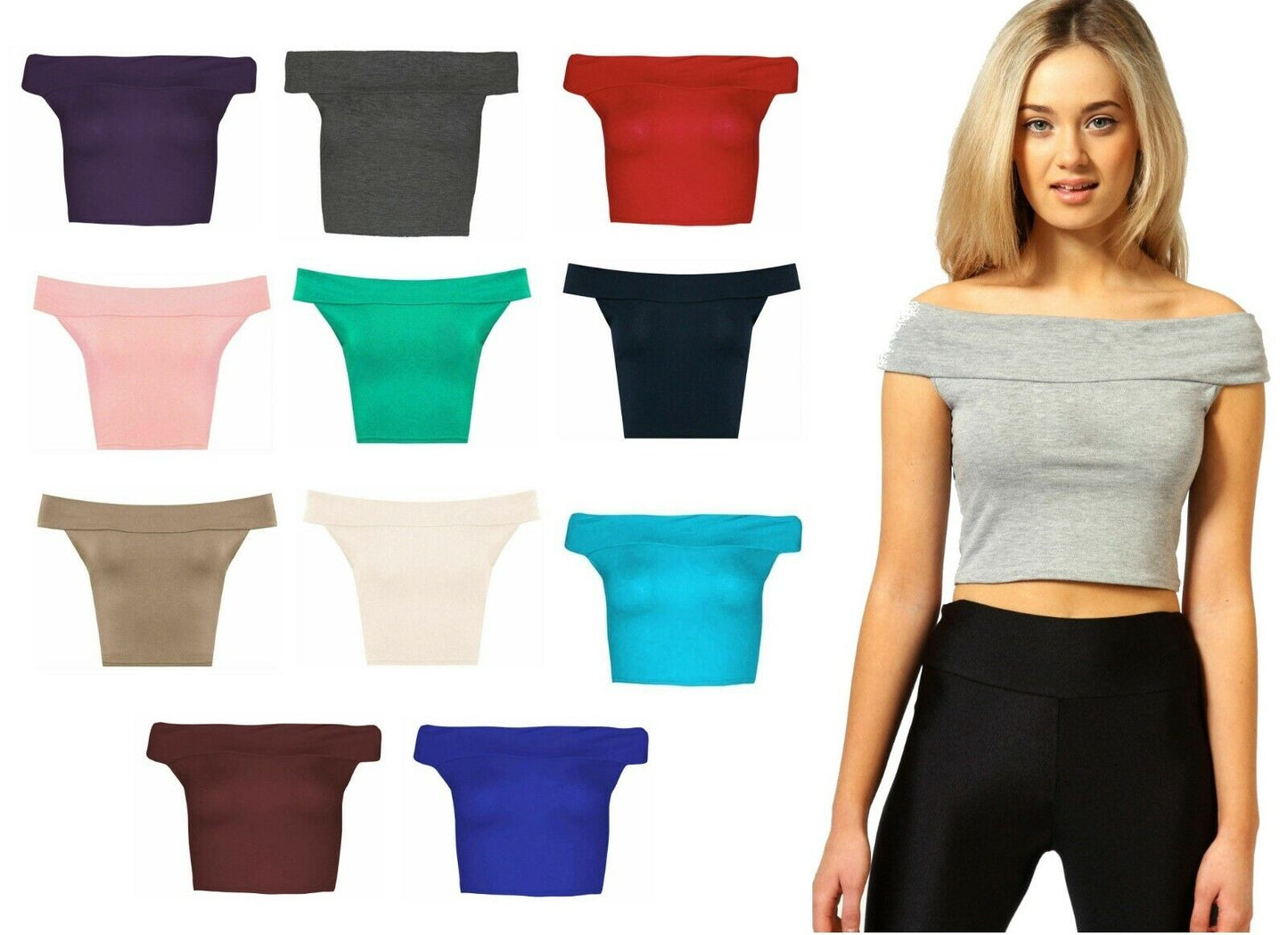 LUXE DIVA Women's Off Shoulder Bardot Crop Top Plain