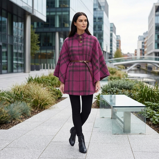 LUXE DIVA Women’s Tartan Print Winter Poncho Cape with Gold Button Fastening and Brown Belt