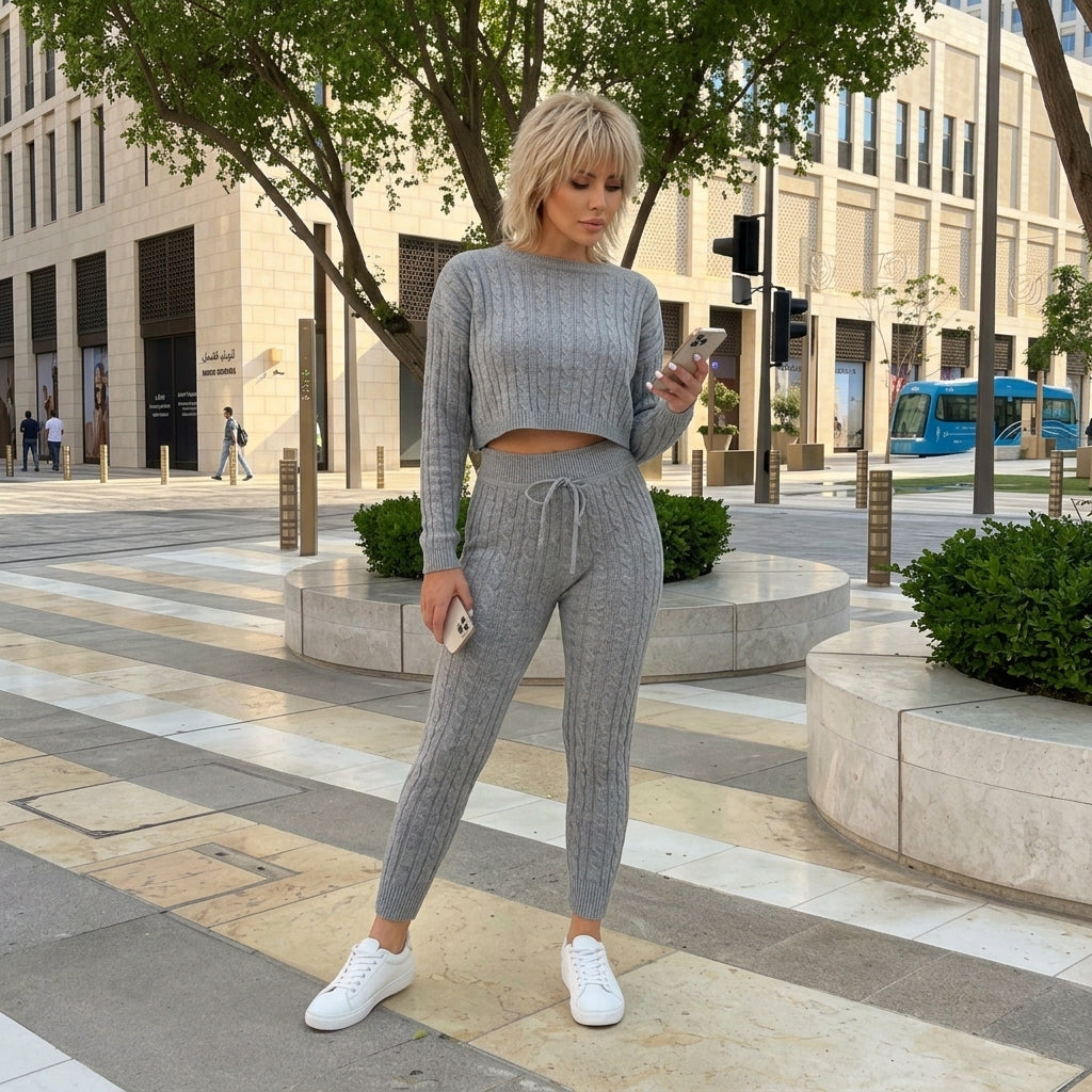 LUXE DIVA Womens Loungewear Ladies Cable Knitted Top Bottom Two Piece Co-Ords Set Tracksuit UK 8-14