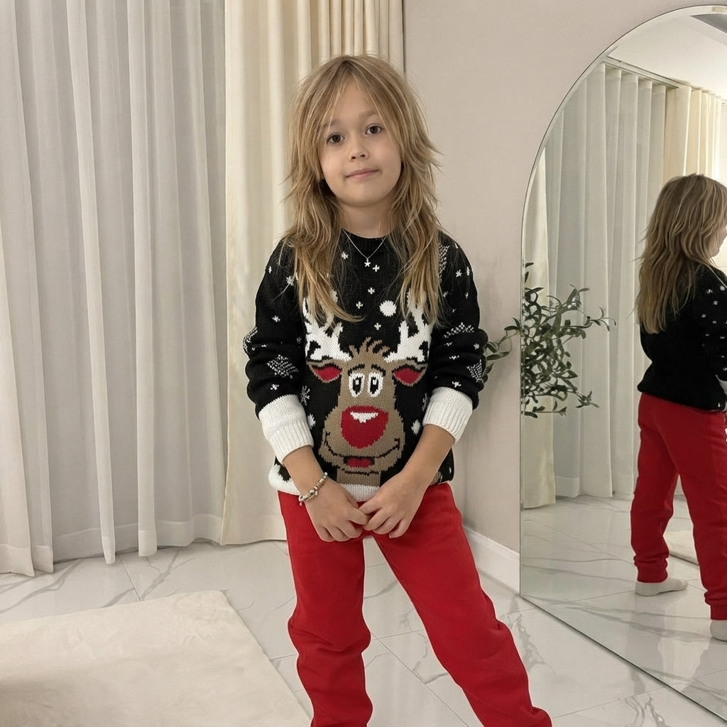 LUXE DIVA Women's Knitted Rudolph on wall Xmas Snowflake Ladies kids Reindeer Pom Jumpers