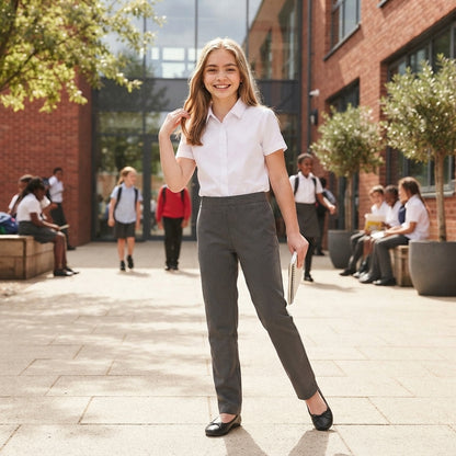 LUXE DIVA Girls Pull Up School Trousers Uniform Half Elasticated Heart Pendant