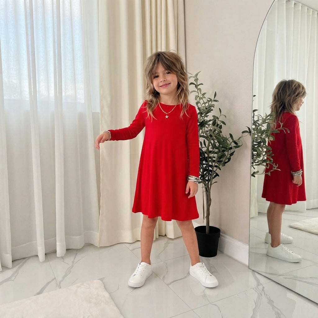 LUXE DIVA Girls Long Sleeve Flared A Line Skater Swing Dress Ages 5–13