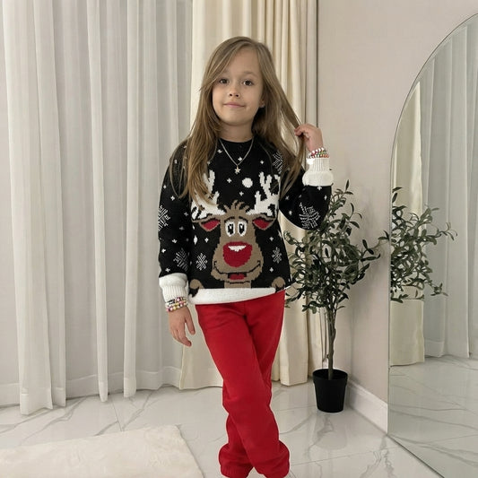 LUXE DIVA Women's Knitted Rudolph on wall Xmas Snowflake Ladies kids Reindeer Pom Jumpers