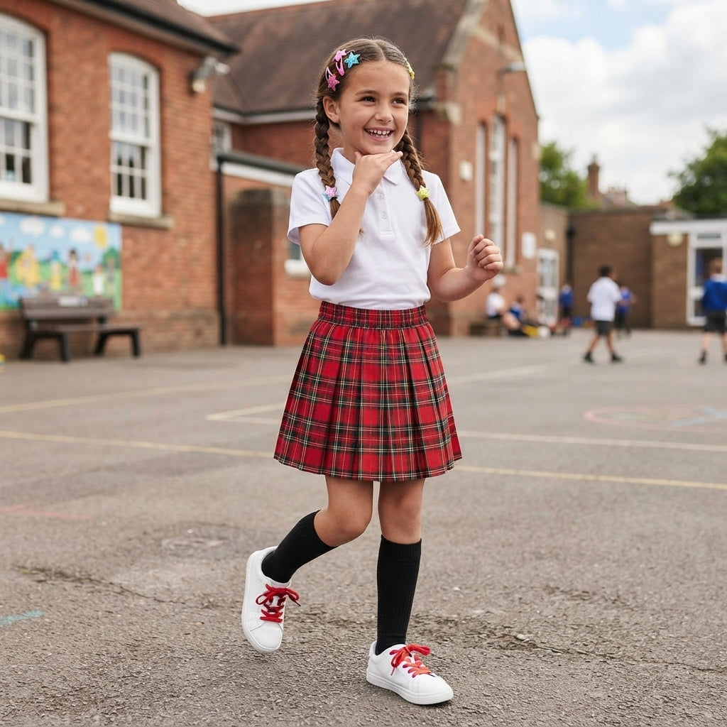 LUXE DIVA Girls Tartan School Uniform Skirt Box Pleated Fully Elasticated Ages 2–18