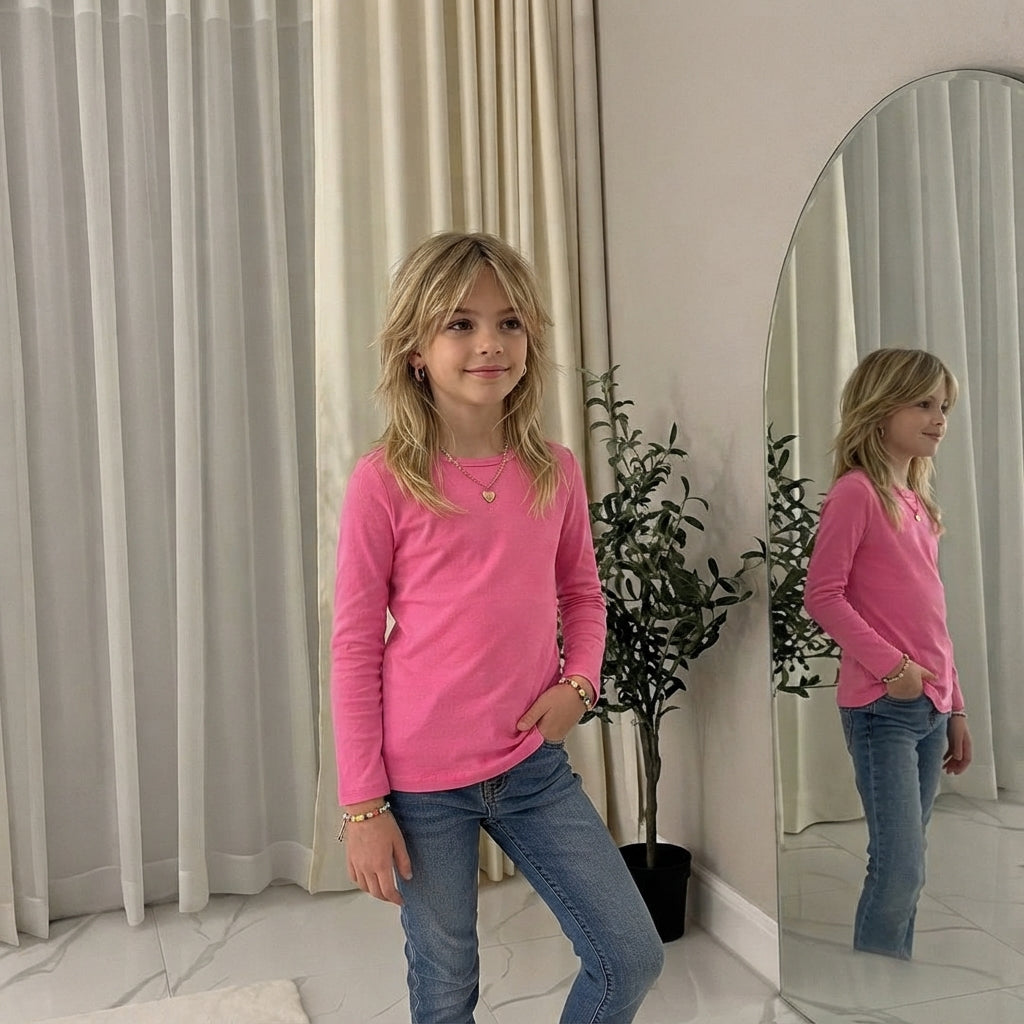LUXE DIVA Girls Kids Plain Long Sleeve T-Shirt Round Neck Stretch School Top 2-13 Years