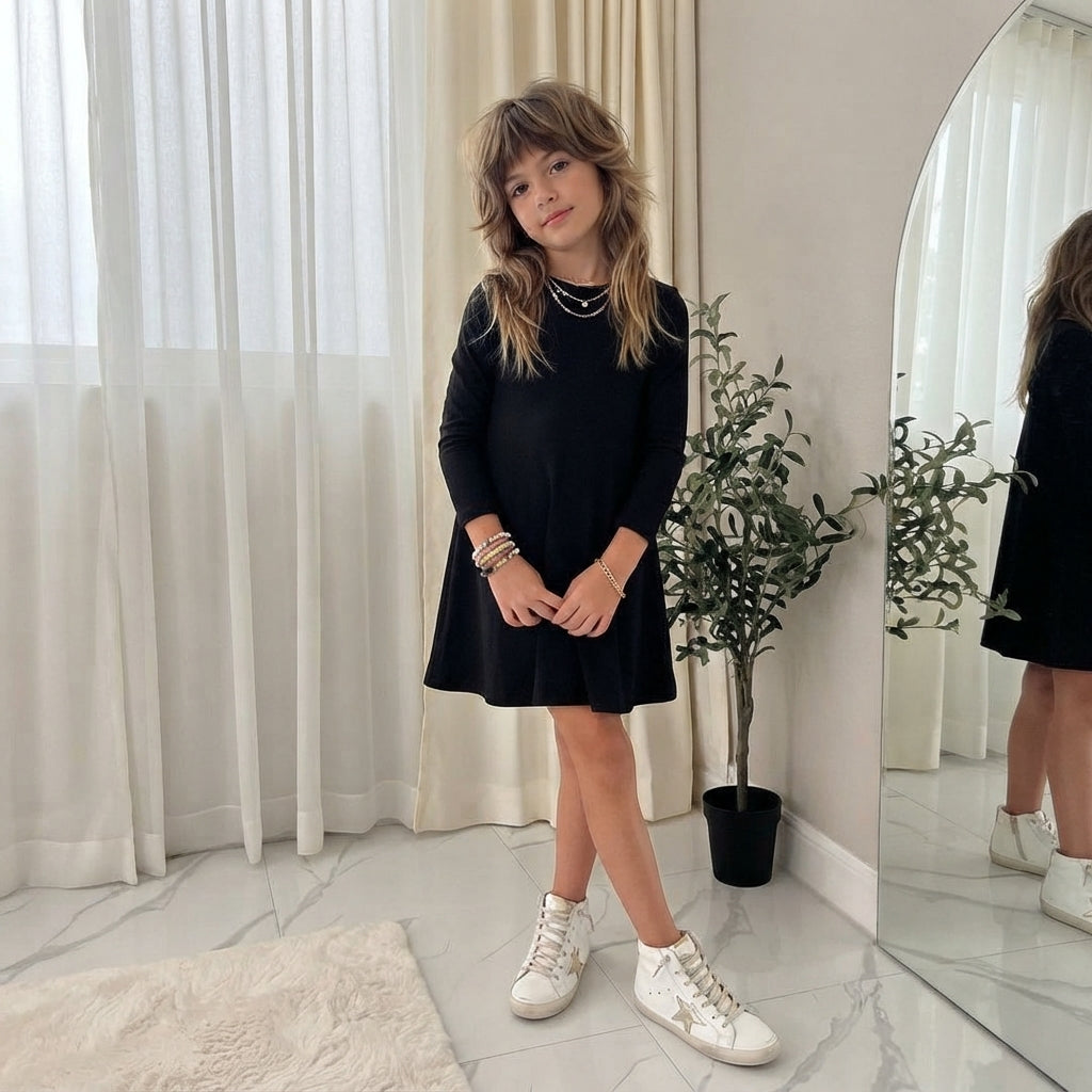 LUXE DIVA Girls Long Sleeve Flared A Line Skater Swing Dress Ages 5–13