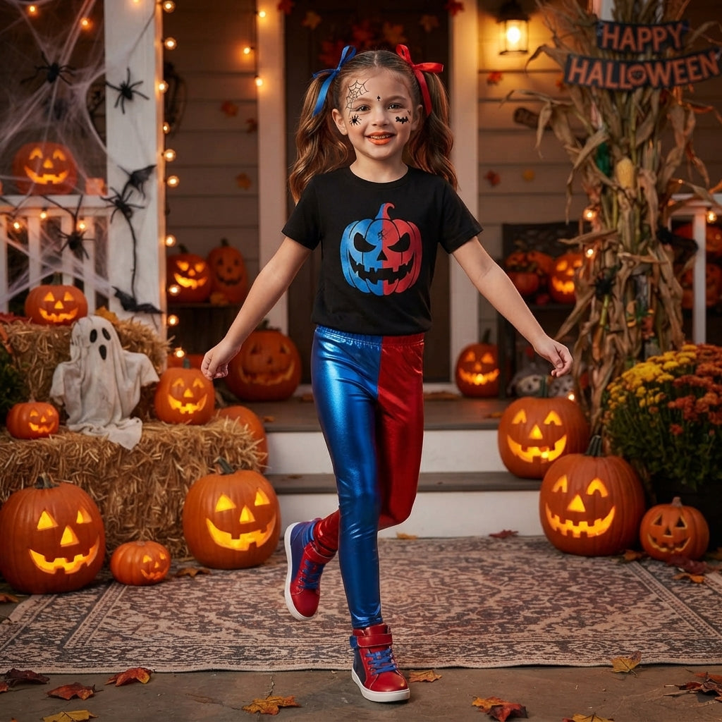 LUXE DIVA Ladies Girls Kids Halloween Costume Shiny Wet Look Jacket, Leggings, Pants Women Metallic Red & Blue Hot Sexy Shorts