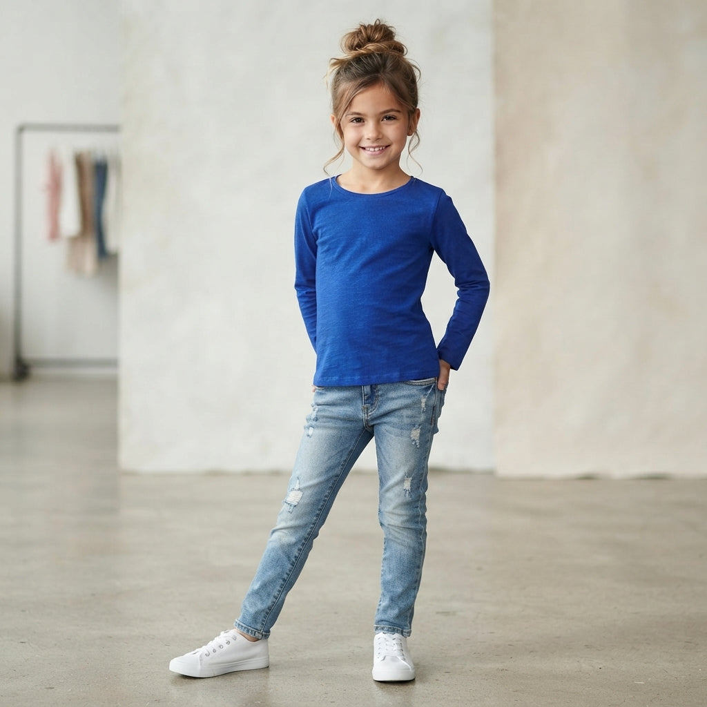LUXE DIVA Girls Kids Plain Long Sleeve T-Shirt Round Neck Stretch School Top 2-13 Years
