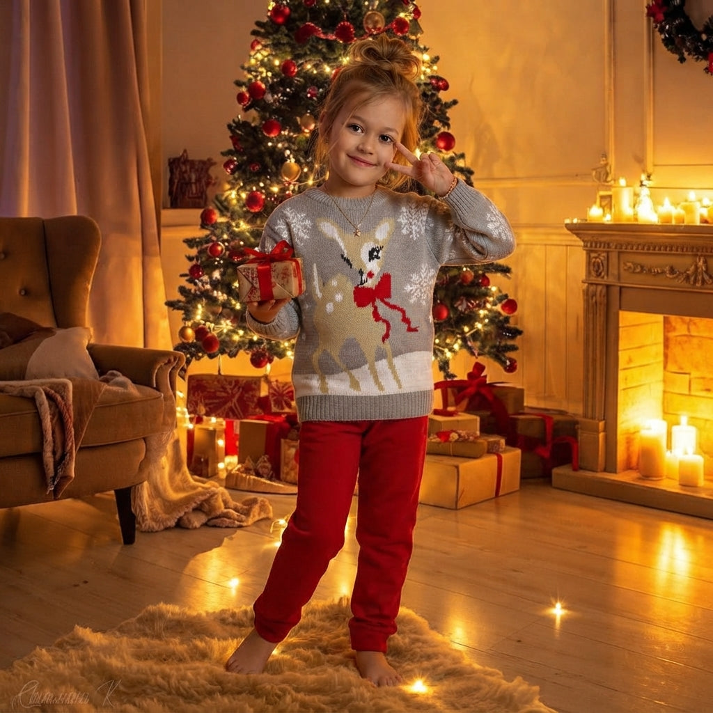 LUXE DIVA Kids Christmas Jumper Boys Girls Festive Reindeer Bambi Snowflake Sweater