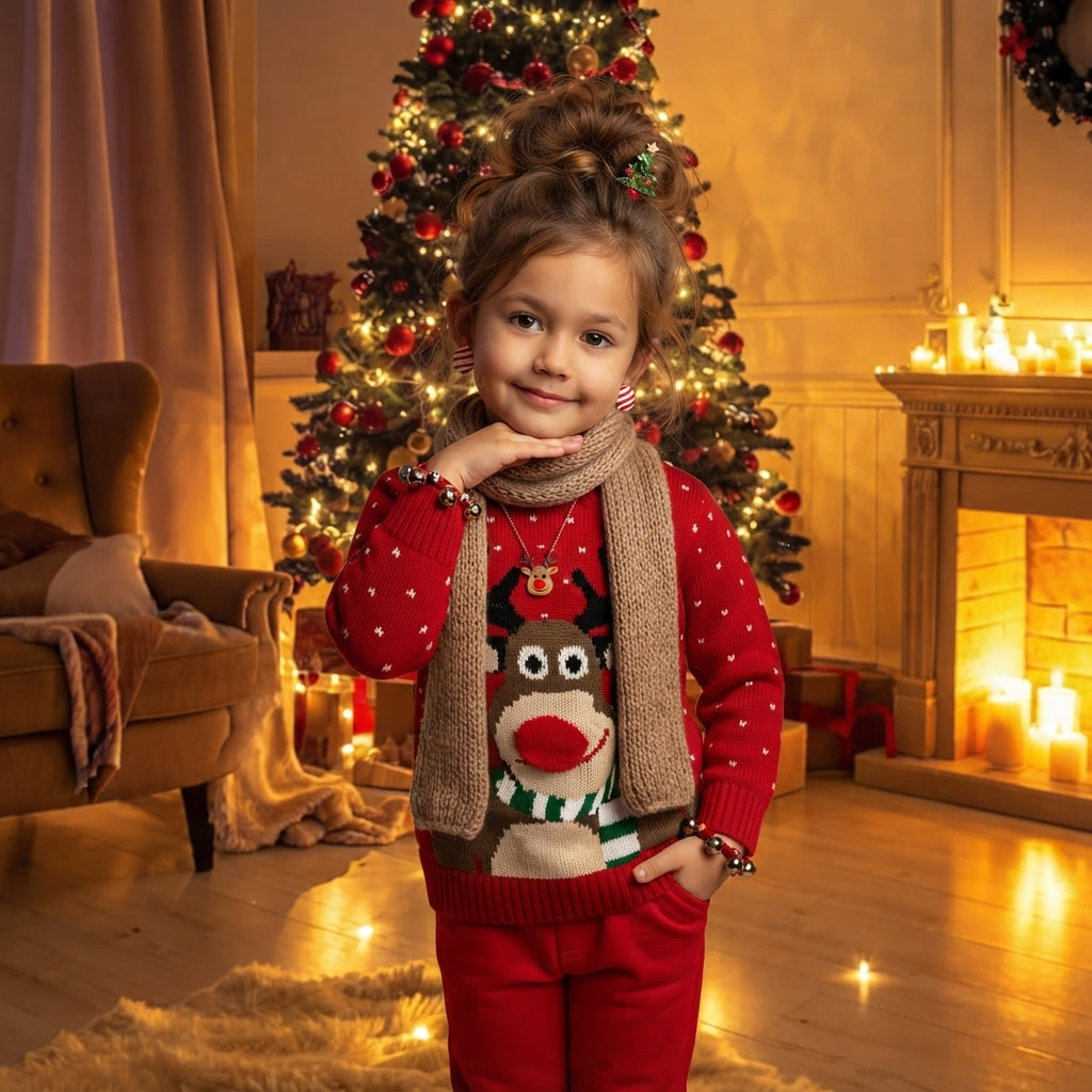 LUXE DIVA Kids 3D Pom Pom Christmas Jumper Novelty Festive Knit Sweater