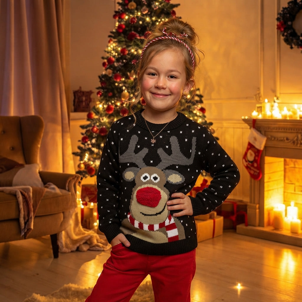 LUXE DIVA Kids 3D Pom Pom Christmas Jumper Novelty Festive Knit Sweater