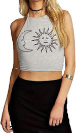 Load image into Gallery viewer, Womens Ladies New Sun Moon Print Tie Up Square Halter Neck Plain Crop Top Sleeveless Vest T Shirt Top
