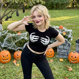 LUXE DIVA Ladies Hand Print Halloween Short Sleeve Crop Top Black Fancy Dress Costume