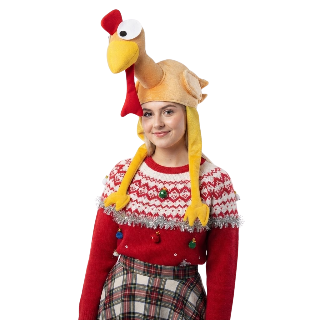 LUXE DIVA Adult Turkey Gobbler Hat with Long Legs, Novelty Plush Christmas Santa Hat, Funny Xmas Fancy Dress Party Costume & Headwear