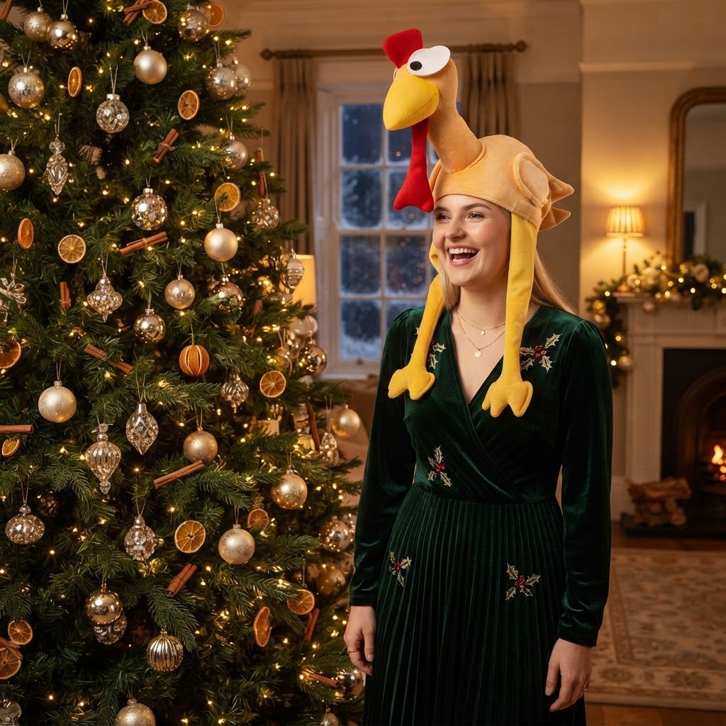 LUXE DIVA Adult Turkey Gobbler Hat with Long Legs, Novelty Plush Christmas Santa Hat, Funny Xmas Fancy Dress Party Costume & Headwear
