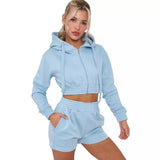 LUXE DIVA New Womens 2pcs Ruched Long Sleeve Cropped Zip Up Hoodie & Short Lounge Set UK