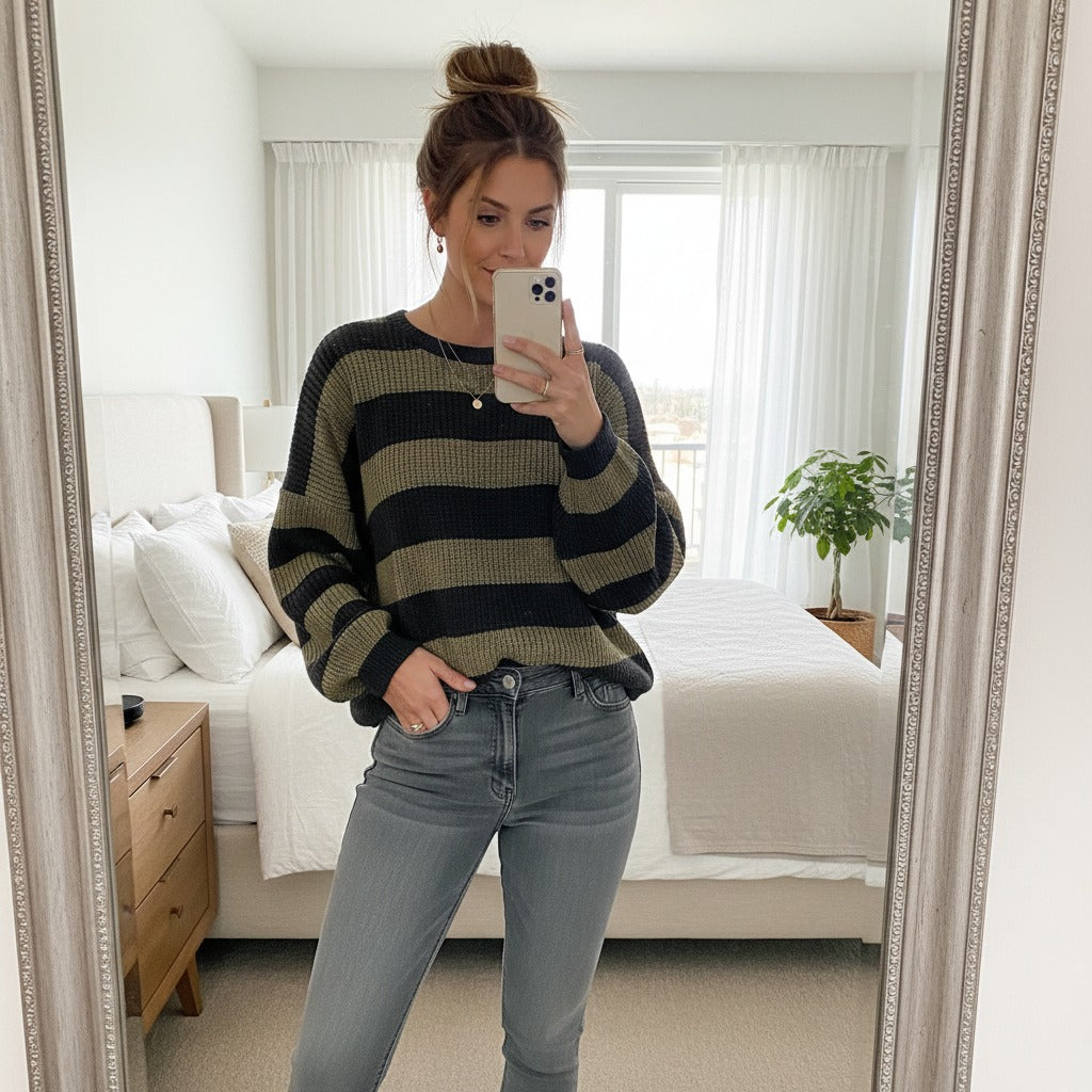 Chunky Knit Striped Women's Jumpers, Long Sleeve Crew Neck Oversized Ladies Jumper, Warm Knitted Sweater Tops, Winter Pullover Jumpers UK