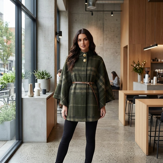 LUXE DIVA Women’s Tartan Print Winter Poncho Cape with Gold Button Fastening and Brown Belt