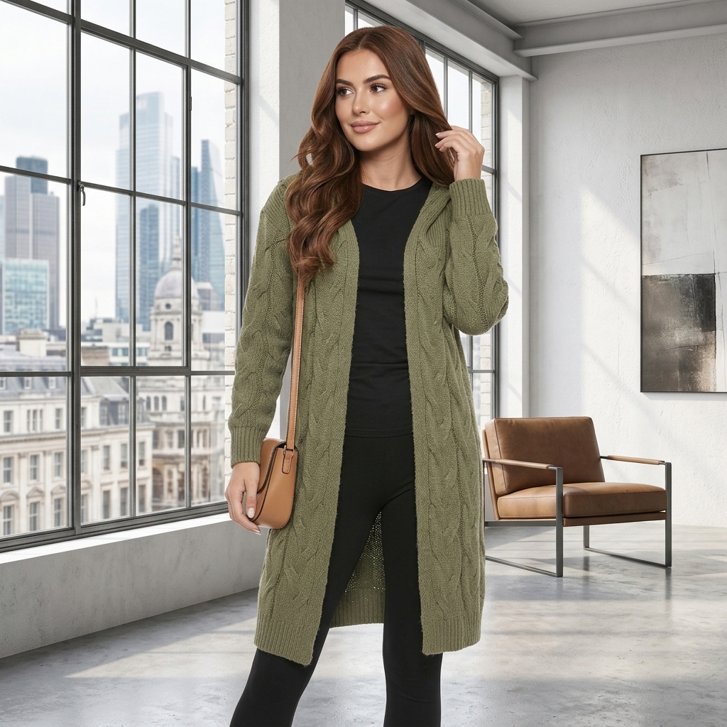 Luxe Diva Womens Oversized Hooded Cardigan Chunky Cable Knit Longline Open Front Winter Casual Style