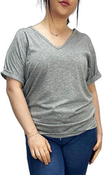Load image into Gallery viewer, Women&#39;s New Plus Size Womens Short Turn Up Sleeve Baggy Plain Top Ladies V-Neck T-Shirt 16-26

