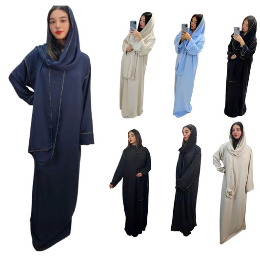 LUXE DIVA Womens Gold Trim Dubai Abaya With Scarf Islamic Muslim Jilbab Long Maxi Dress