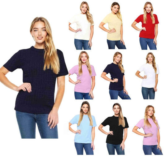LUXE DIVA Women’s Short Sleeve Soft Smooth Cable Knitted Jumper Ladies Round Neck Oversized Pull Over Knit Warm Sweaters Top Plus Size 8-24