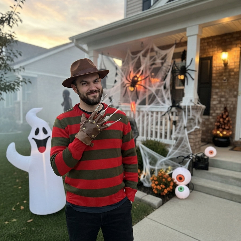 LUXE DIVA Men's Halloween Costume Red Green Striped Jumper Hat Mask Claw Glove Horror Fancy Dress