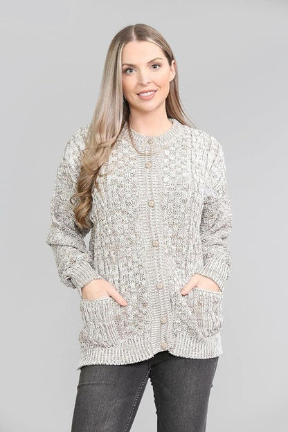 LUXE DIVA Women's Cable Knit Button Up Aran Cardigan Pockets