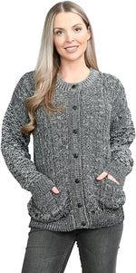 Load image into Gallery viewer, Womens Cable Knit Crew Neck Cardigan Ladies Knitted Pocket Front Button Up Aran Long Sleeve Sweater UK 8-22
