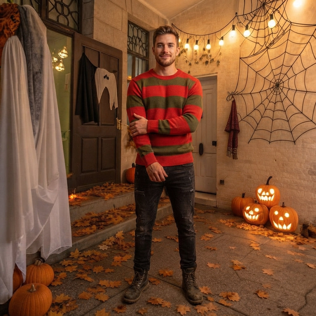 LUXE DIVA  Men's Halloween Jumper Red Green Striped Knitted Sweater Long Sleeve Pullover