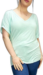 Load image into Gallery viewer, Women&#39;s New Plus Size Womens Short Turn Up Sleeve Baggy Plain Top Ladies V-Neck T-Shirt 16-26
