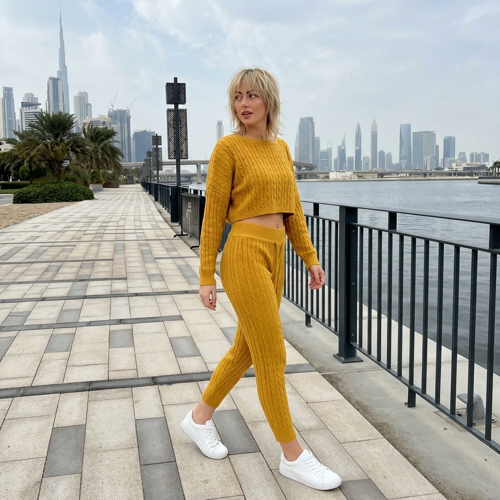 LUXE DIVA Womens Loungewear Ladies Cable Knitted Top Bottom Two Piece Co-Ords Set Tracksuit UK 8-14