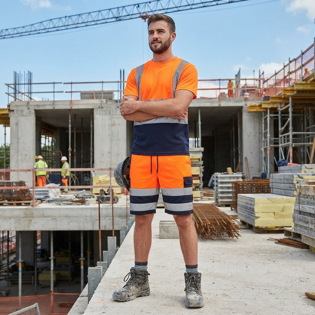 Luxe Diva Men's Hi-Vis Safety Cargo Shorts - High Visibility Workwear with Reflective Tape & Combat Pockets
