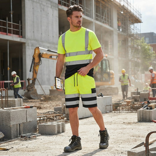 Luxe Diva Men's Hi-Vis Safety Cargo Shorts - High Visibility Workwear with Reflective Tape & Combat Pockets