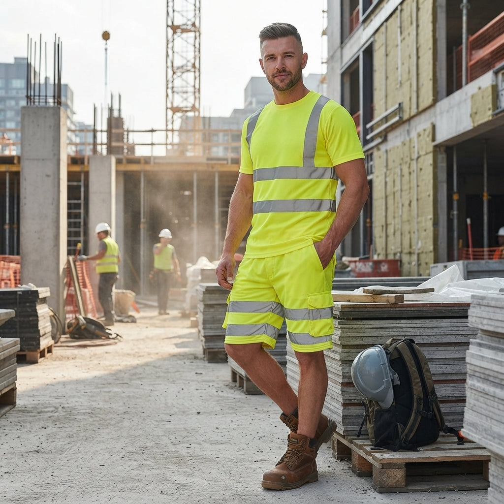 Luxe Diva Men's Hi-Vis Safety Cargo Shorts - High Visibility Workwear with Reflective Tape & Combat Pockets