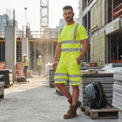 Luxe Diva Men's Hi-Vis Safety Cargo Shorts - High Visibility Workwear with Reflective Tape & Combat Pockets