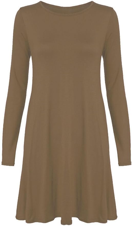 Womens Plain Long Sleeve Stretch A Line Skater Flared Swing Dress Top