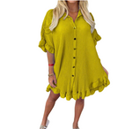 Load image into Gallery viewer, LUXE DIVA Women&#39;s Ladies Gold Button Pleated Frill Summer Shirt Swing Smock Mini Dress Top
