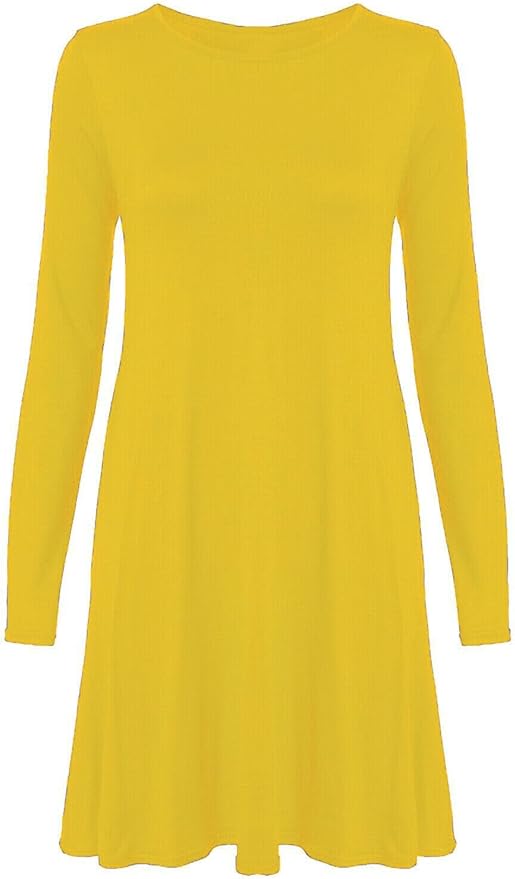 Womens Plain Long Sleeve Stretch A Line Skater Flared Swing Dress Top