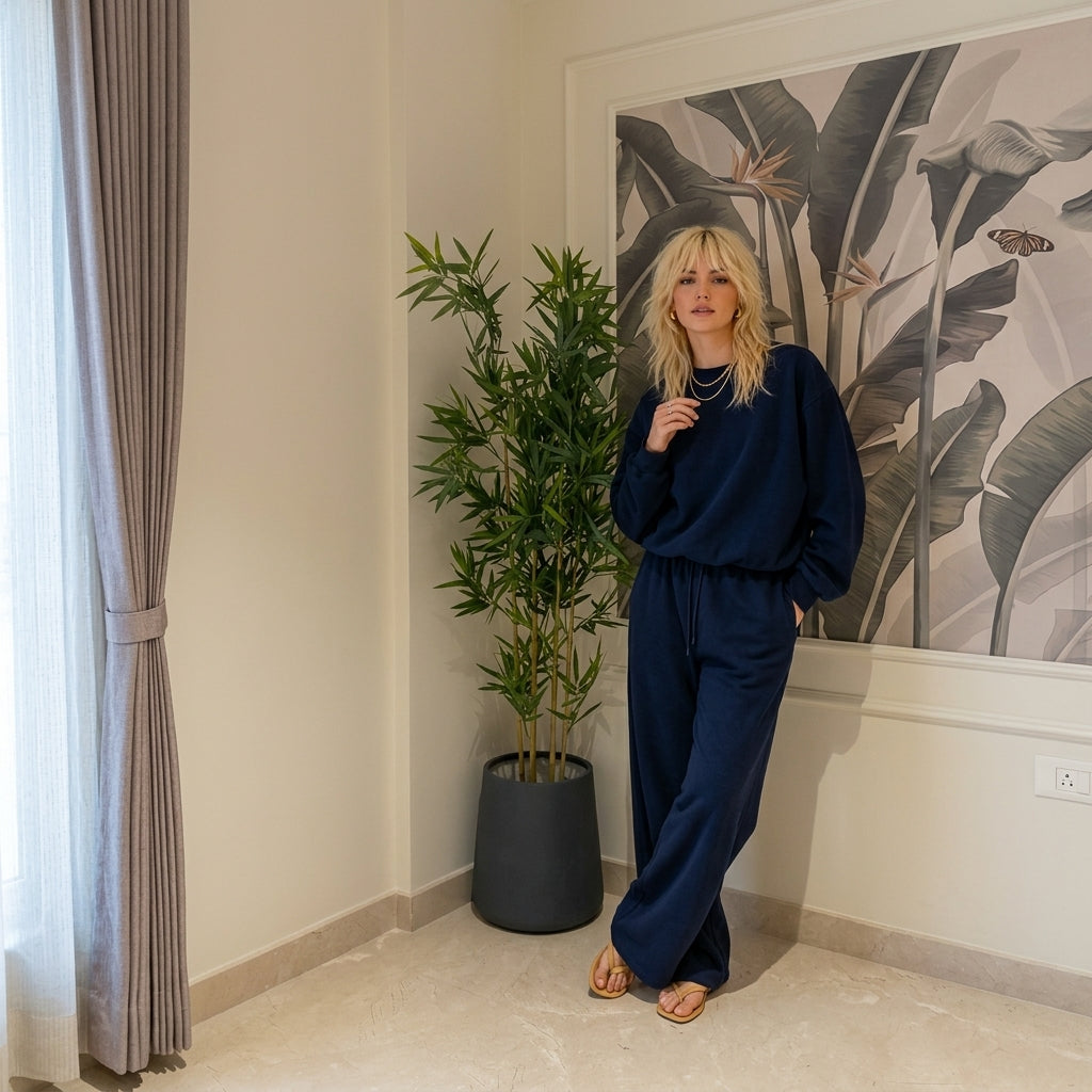 LUXE DIVA Ladies Bubble Top Sweatshirt & Wide Leg Flared Trousers 2 Piece Co-Ord Set