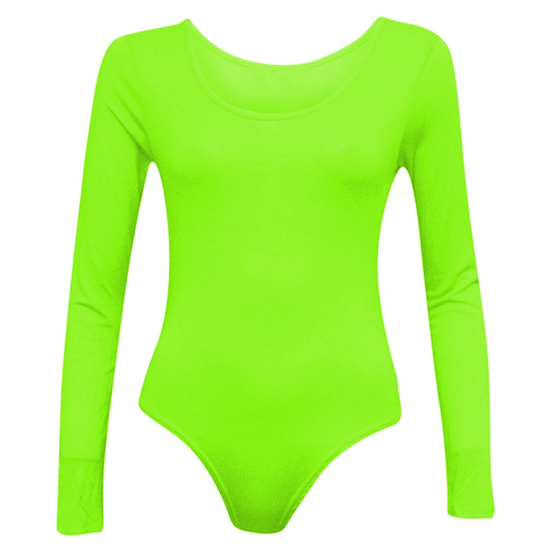 Ladies New Plain Round Neck Long Sleeve Slim Fit Basic Stretchy Leotard Bodysuit Top