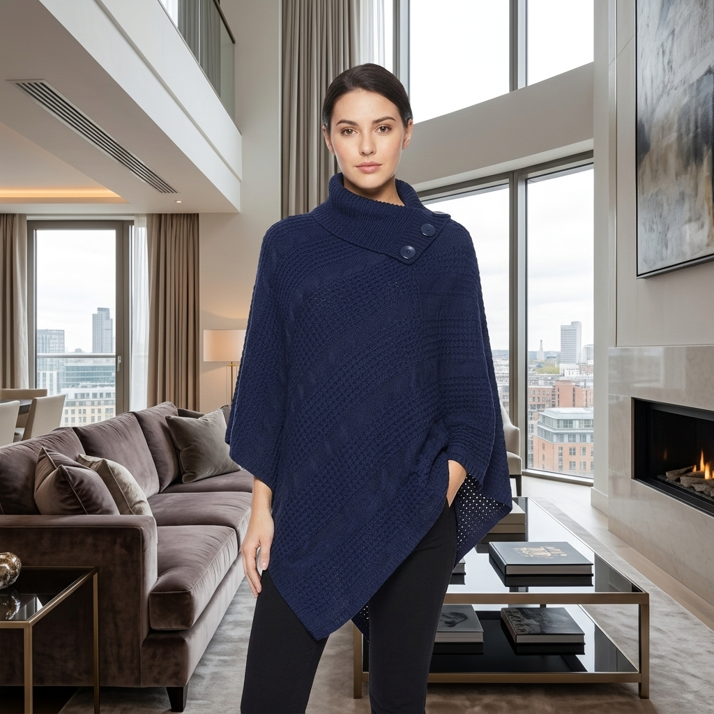 LUXE DIVA Women's 3-Button Cable Knit Poncho Wrap Shawl One Size Fits S-XL