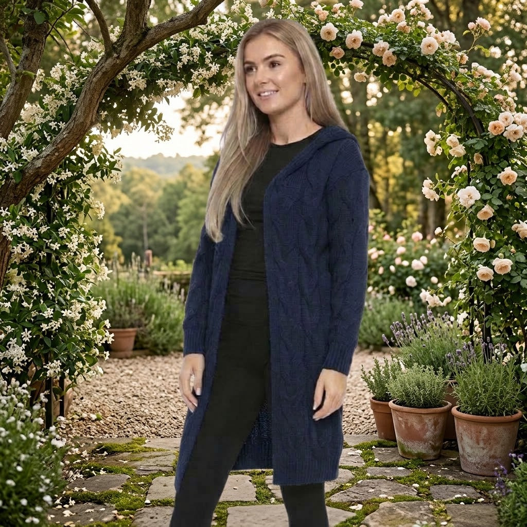 Luxe Diva Womens Oversized Hooded Cardigan Chunky Cable Knit Longline Open Front Winter Casual Style