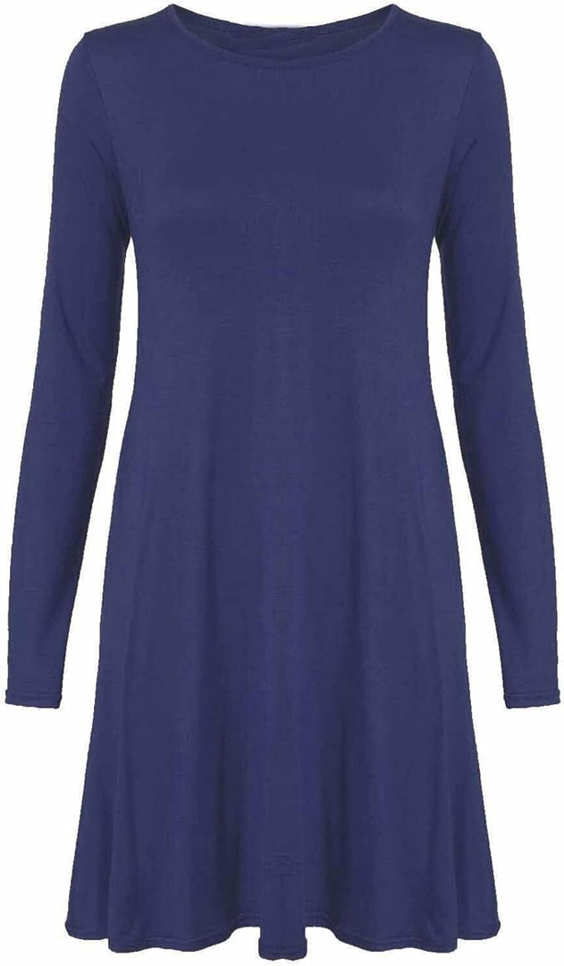 Womens Plain Long Sleeve Stretch A Line Skater Flared Swing Dress Top